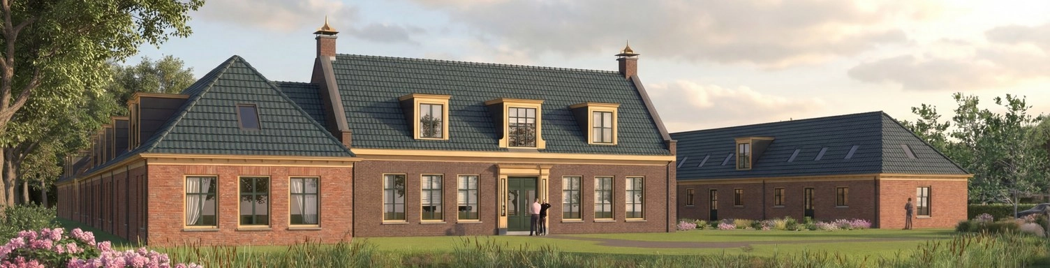 Artist impression De Woudhof in Damwâld: het hoofdgebouw met vijver en tuin