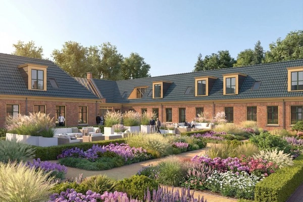Artist impression De Woudhof: de binnentuin met zitjes en bloeiende borders