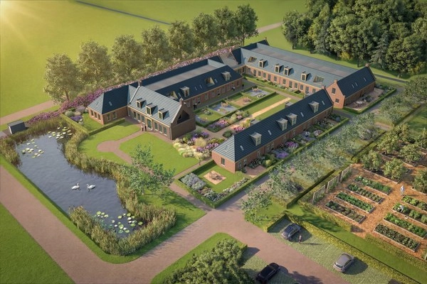 Artist impression De Woudhof in vogelvlucht: het hof met binnentuin, vijver en moestuin